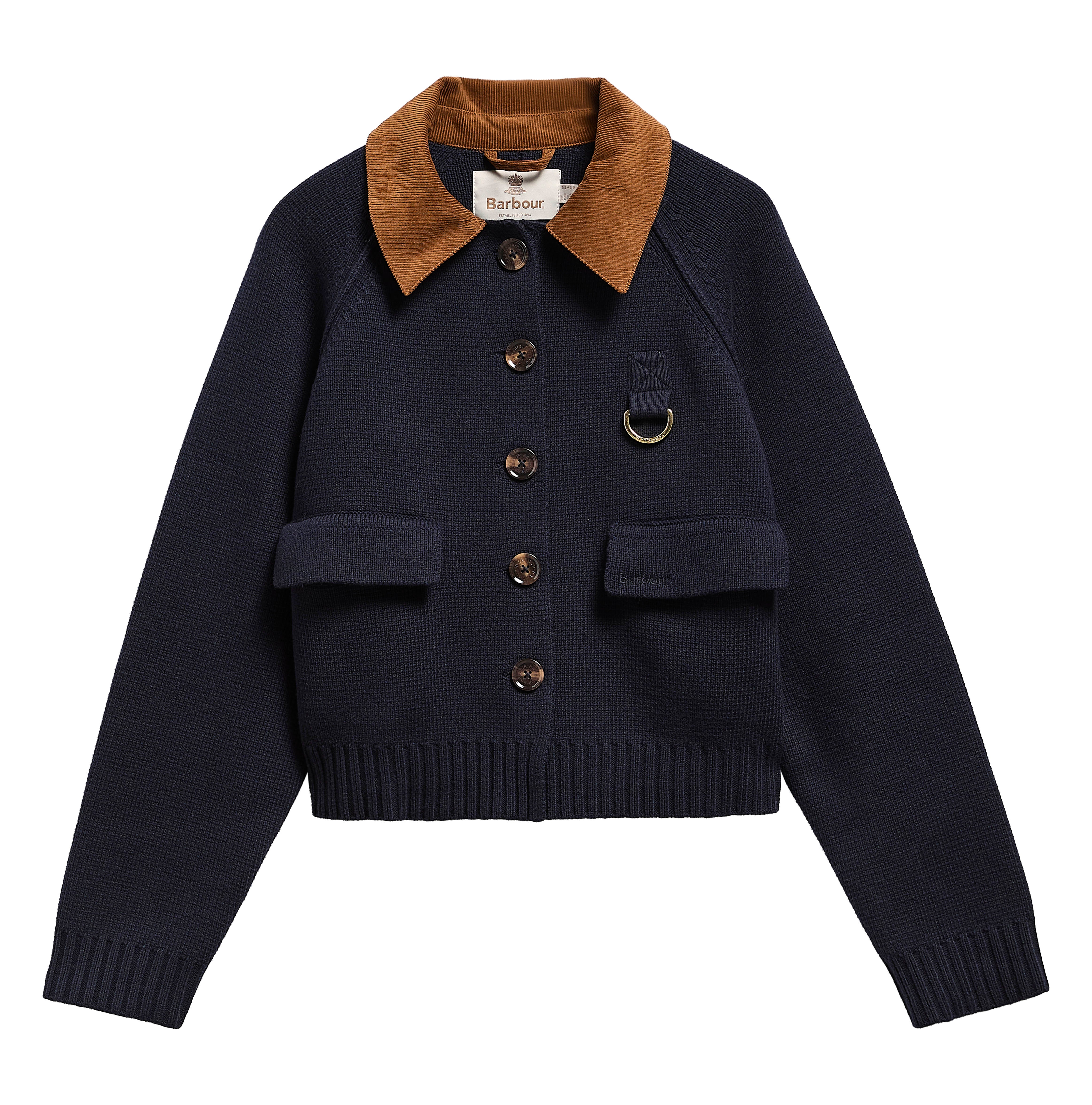Navy blue jacket with brown collar on a white background