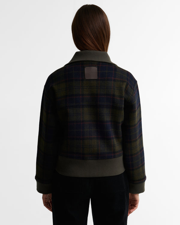 Rear view of the Barbour Ivybridge Overshirt in shadow tartan, showing the leather Barbour back patch, ribbed collar, and ribbed hem and cuffs.