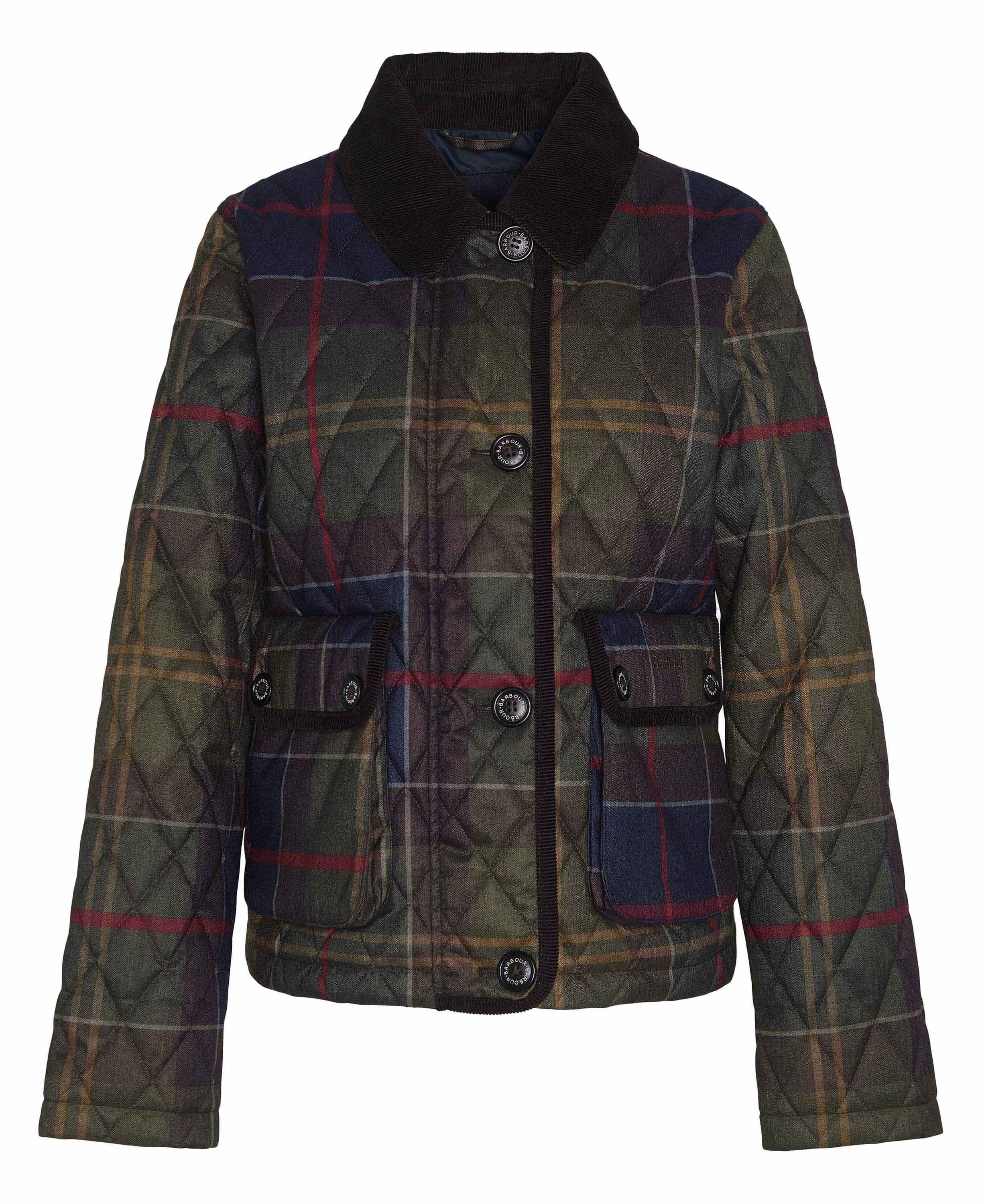 A quilted plaid jacket with a dark brown corduroy collar, featuring a diamond-quilted pattern in olive green, navy blue, and red, with two front flap pockets.