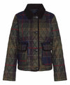 A quilted plaid jacket with a dark brown corduroy collar, featuring a diamond-quilted pattern in olive green, navy blue, and red, with two front flap pockets.