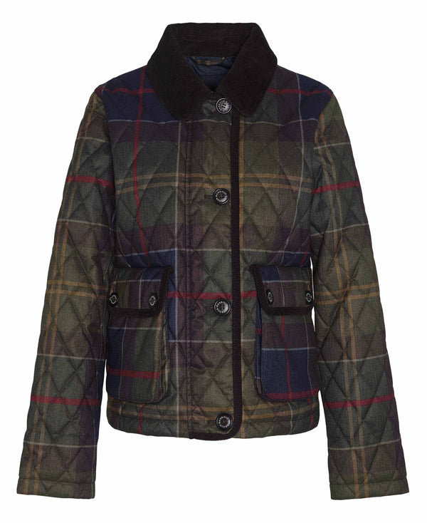 A quilted plaid jacket with a dark brown corduroy collar, featuring a diamond-quilted pattern in olive green, navy blue, and red, with two front flap pockets.