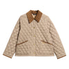 A quilted beige jacket with a brown corduroy collar, brown trim on the pockets, and gold-tone buttons, shown flat on a white background.