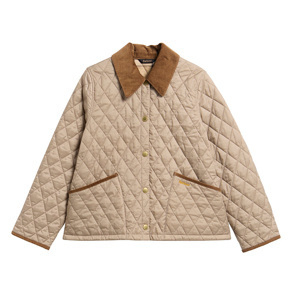 A quilted beige jacket with a brown corduroy collar, brown trim on the pockets, and gold-tone buttons, shown flat on a white background.