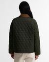A person shown from the back wearing a dark olive green diamond-quilted jacket with a contrasting brown collar, paired with light beige pants, against a plain white studio background.