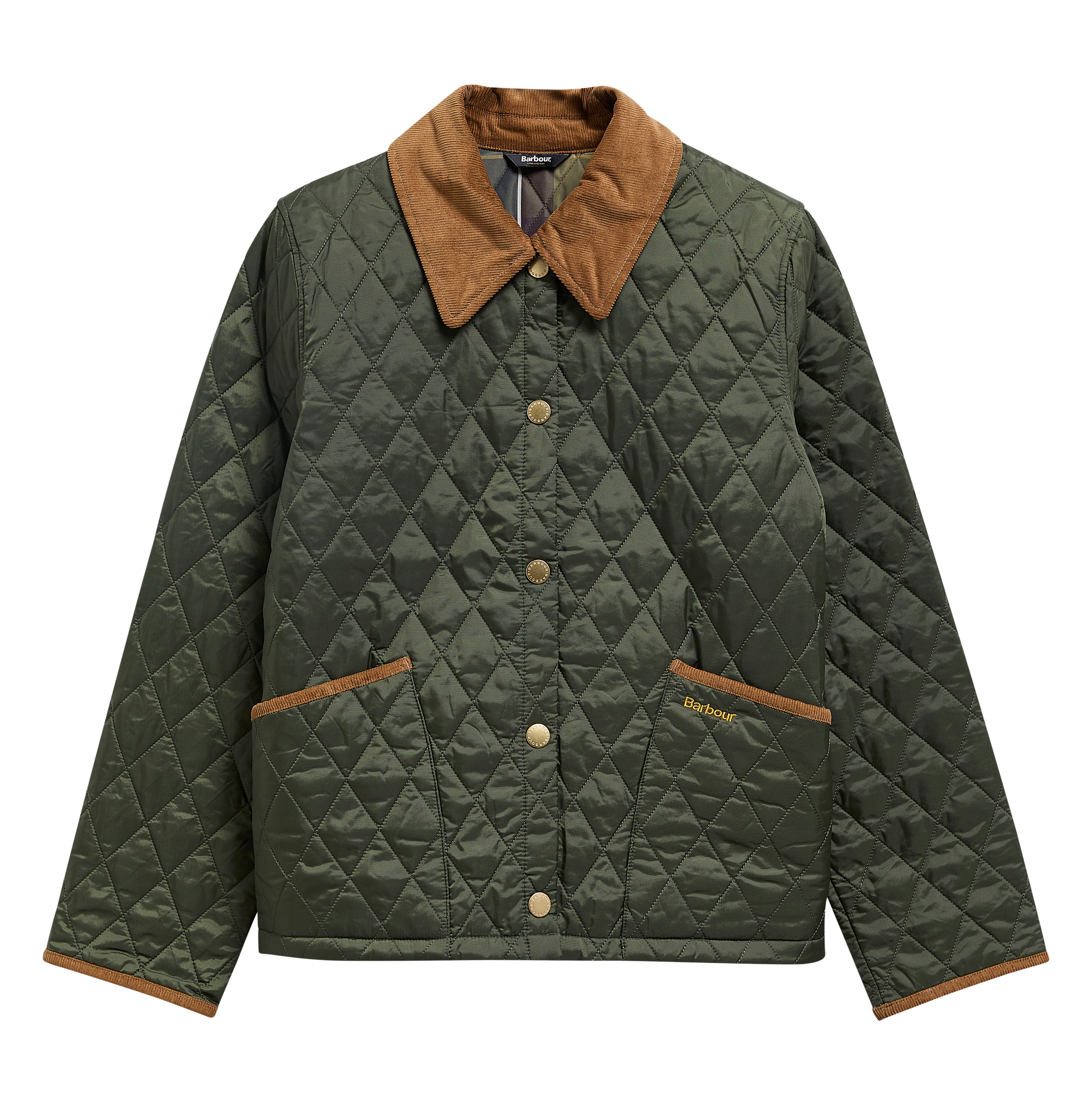 An olive green diamond-quilted Barbour jacket with a brown corduroy collar, brown button details, and brown pocket trim, shown flat on a white background.