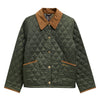 An olive green diamond-quilted Barbour jacket with a brown corduroy collar, brown button details, and brown pocket trim, shown flat on a white background.
