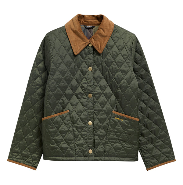 An olive green diamond-quilted Barbour jacket with a brown corduroy collar, brown button details, and brown pocket trim, shown flat on a white background.