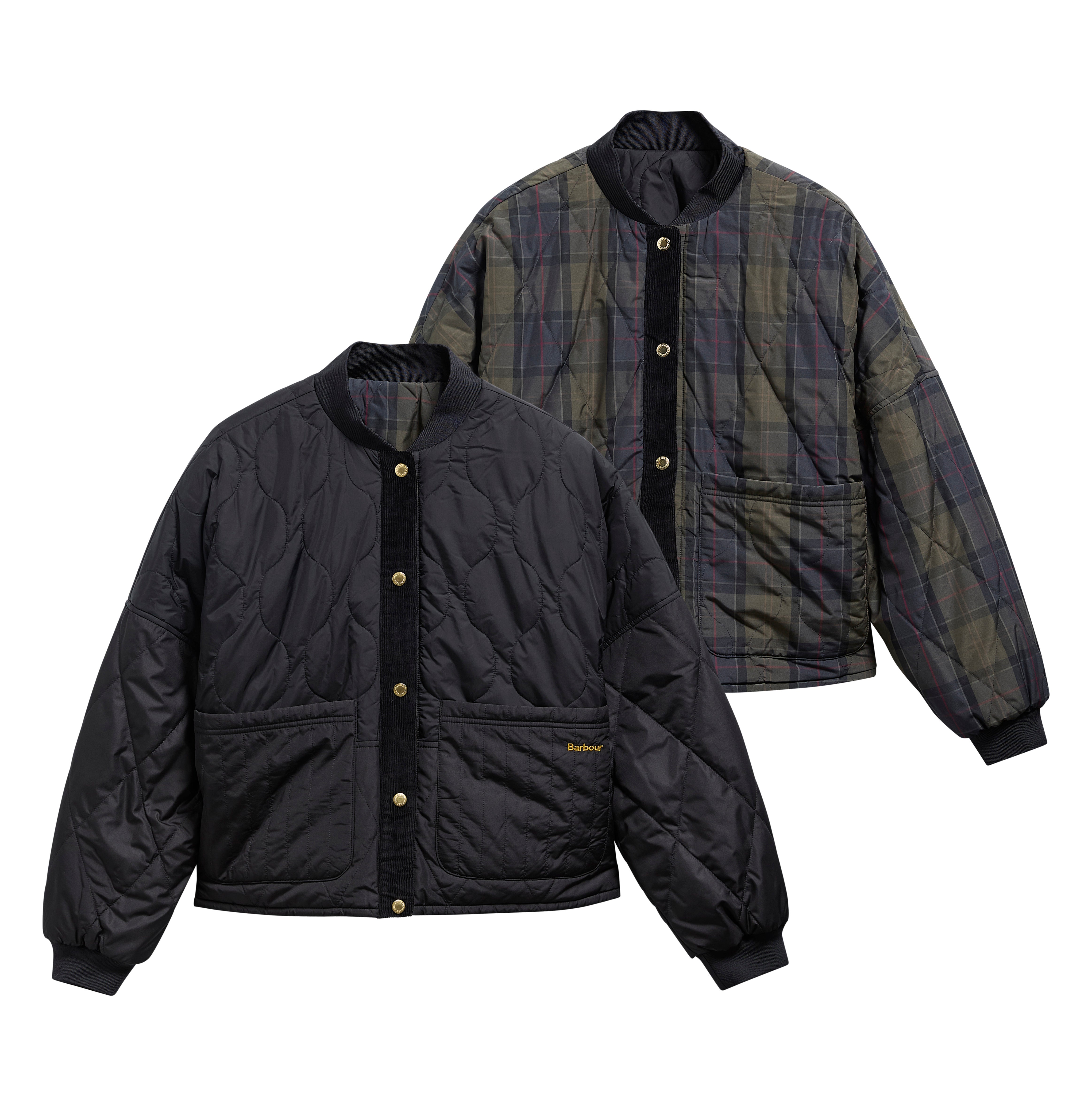 Barbour Ravenshill Reversible Quilted Jacket flat lay showing both sides: solid black quilted exterior with gold Barbour embroidery, and dark olive tartan quilted reverse, with gold snap button placket.