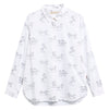 A white long-sleeve button-up shirt with an all-over print of black line drawings of horses, shown against a plain white background.