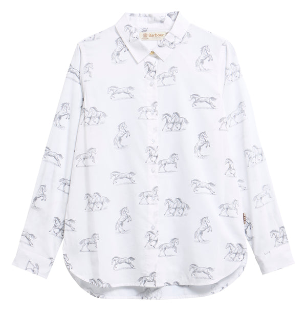 A white long-sleeve button-up shirt with an all-over print of black line drawings of horses, shown against a plain white background.