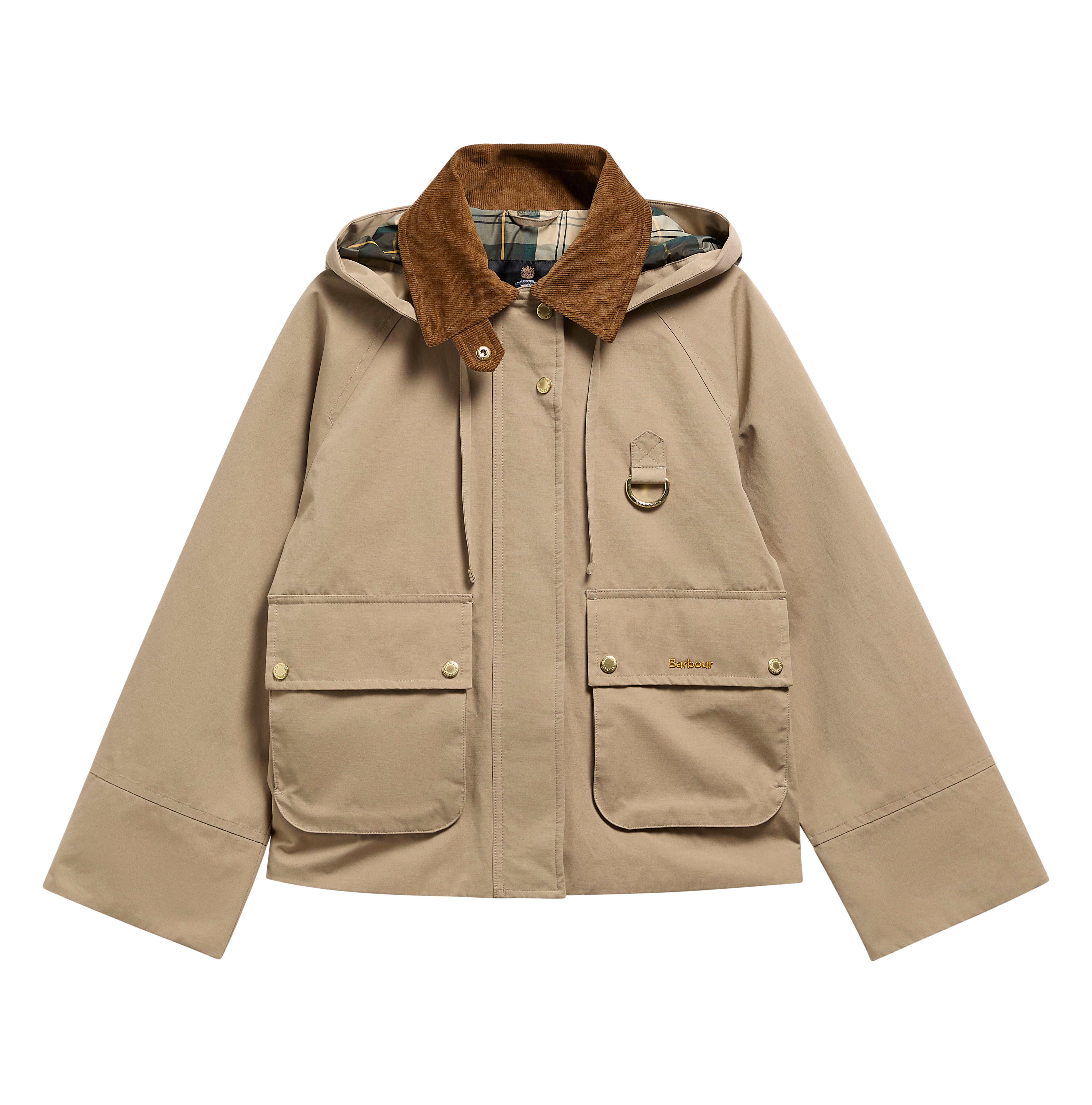 A beige hooded utility jacket with a brown corduroy collar, featuring four front flap pockets and a small metal D-ring detail on the chest, shown against a plain white background.