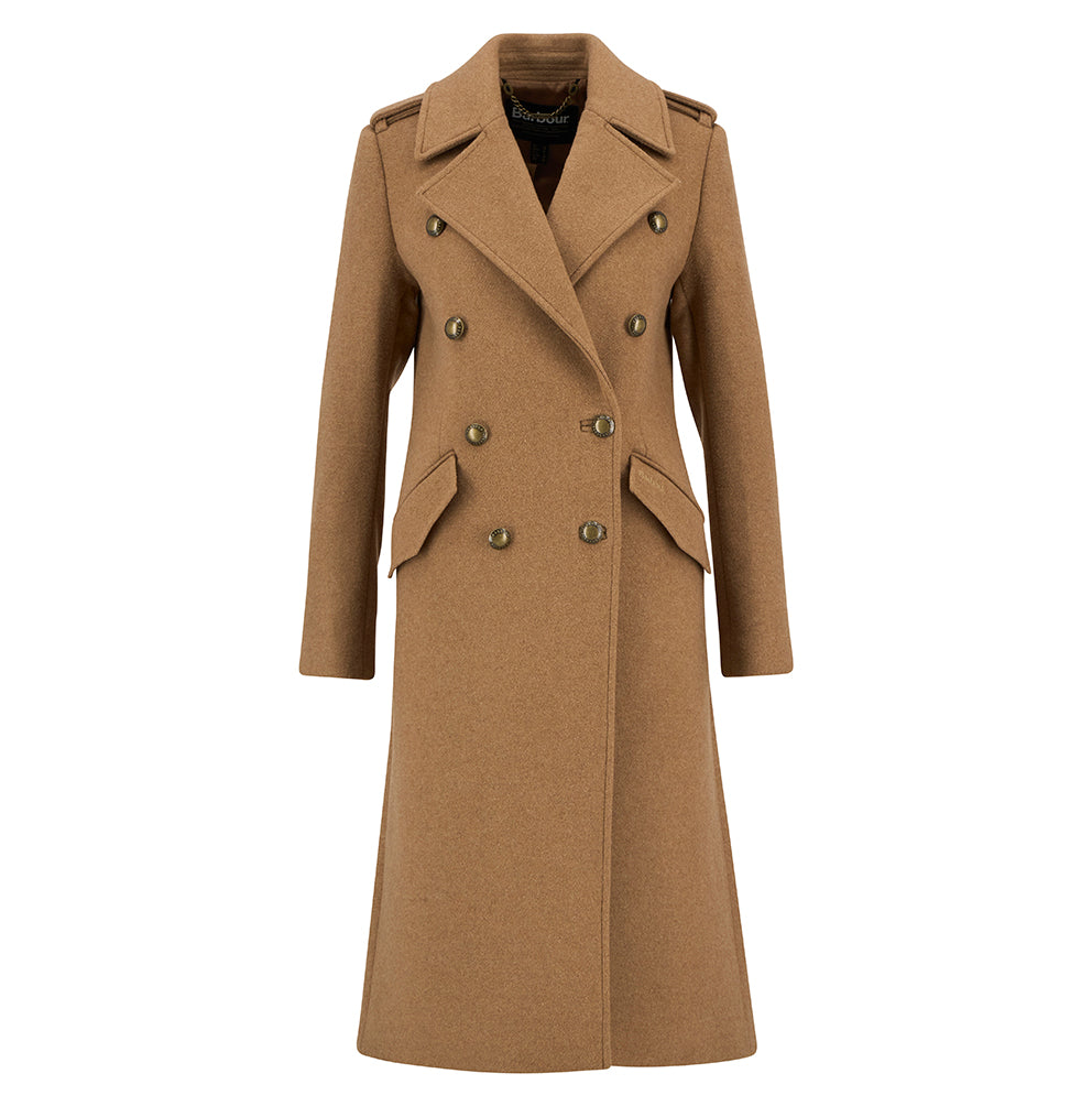 A long camel-brown double-breasted wool coat with dark buttons, displayed on a clean white background.