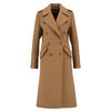 A long camel-brown double-breasted wool coat with dark buttons, displayed on a clean white background.
