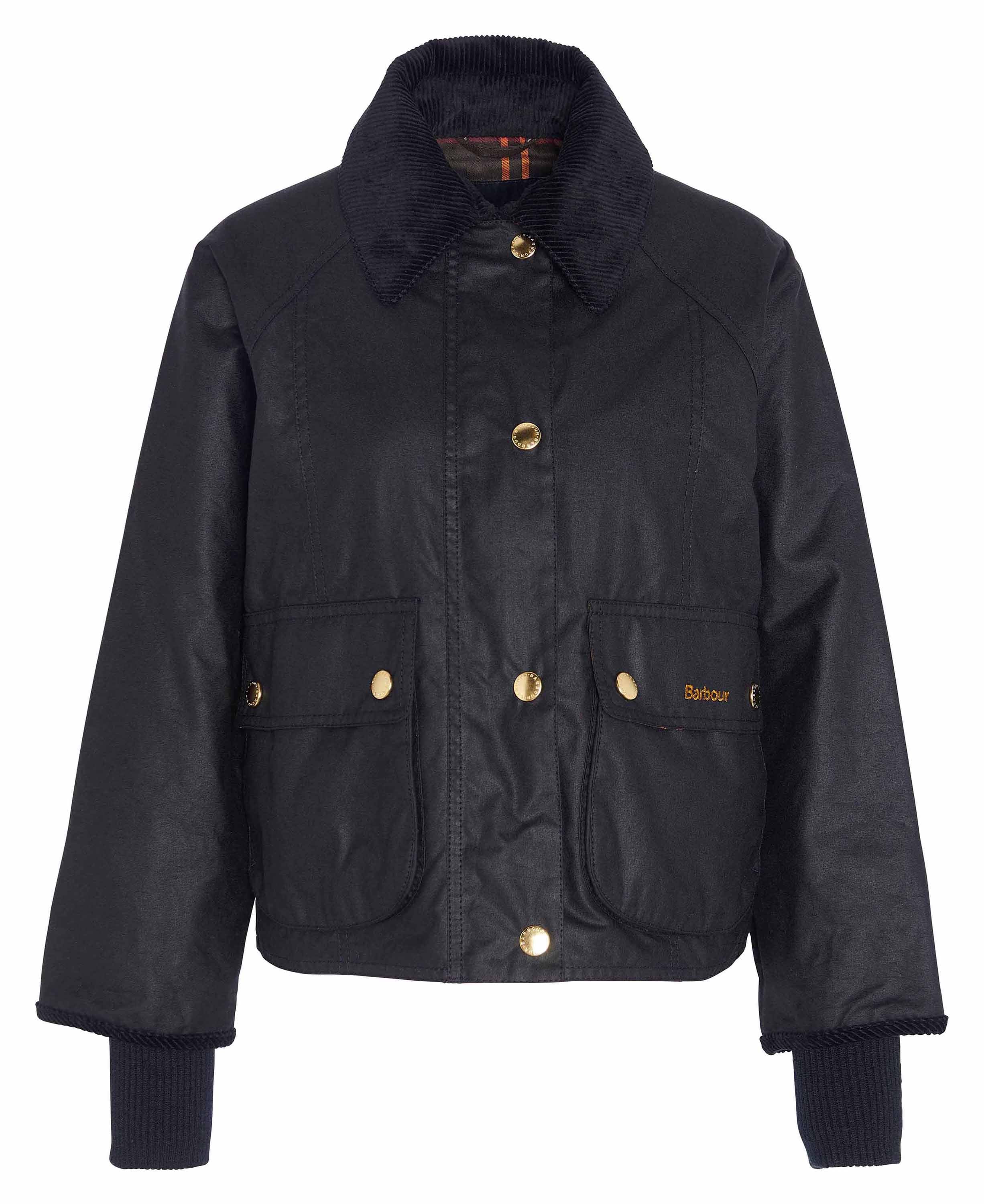A black waxed canvas jacket with a black corduroy collar, gold-tone snap buttons, and front flap pockets, shown on a plain white background.