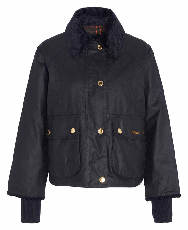 A black waxed canvas jacket with a black corduroy collar, gold-tone snap buttons, and front flap pockets, shown on a plain white background.