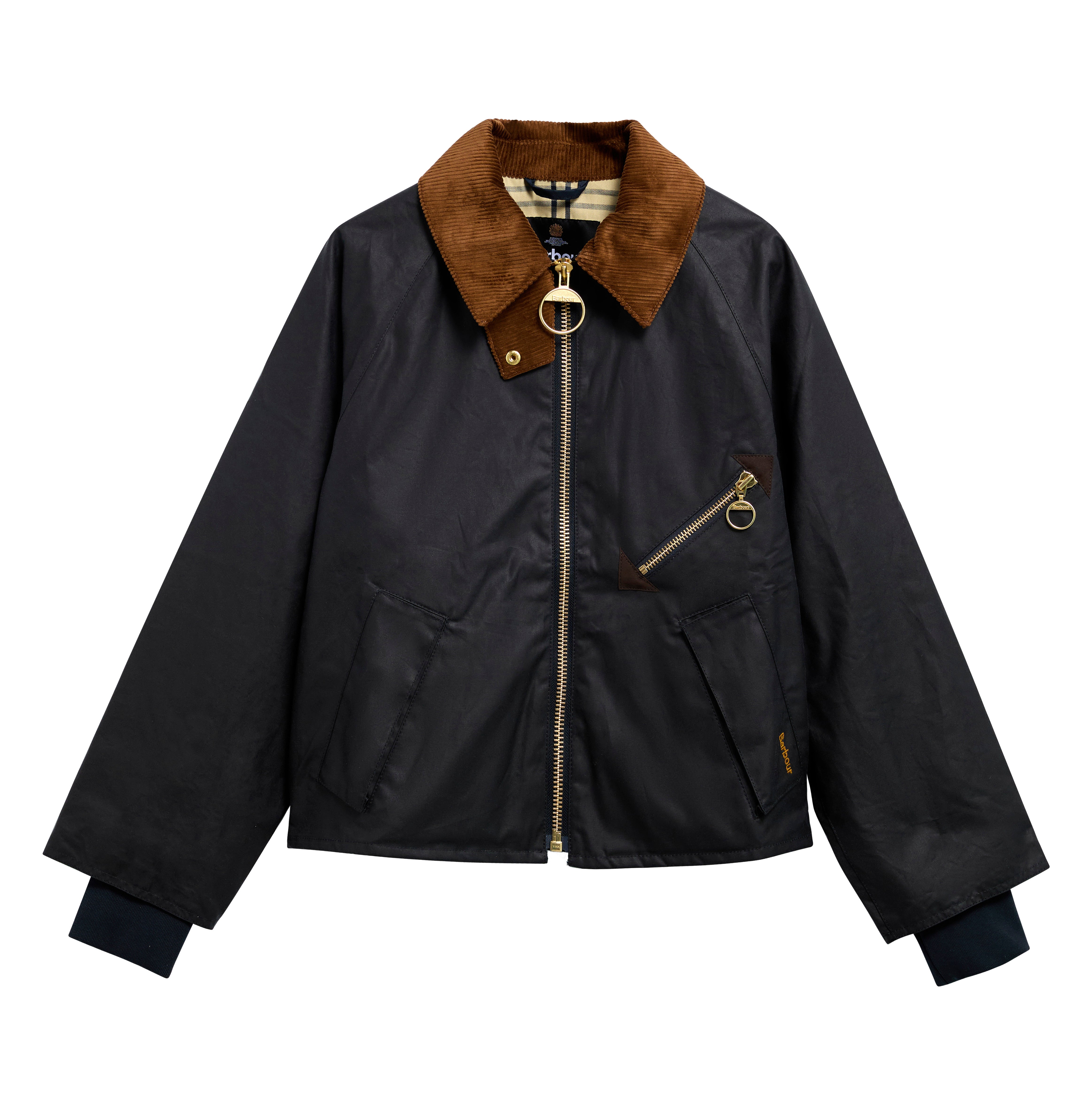 Navy waxed cotton jacket with brown collar on a white background