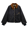 Navy waxed cotton jacket with brown collar on a white background