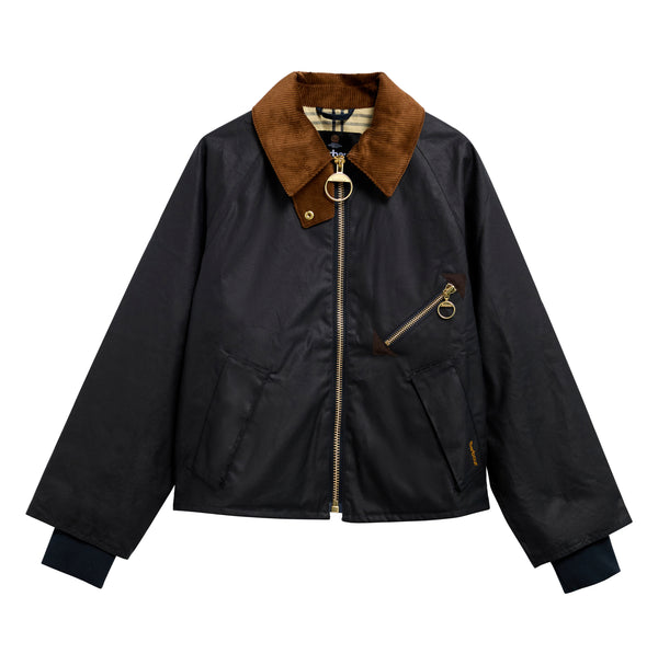 Navy waxed cotton jacket with brown collar on a white background