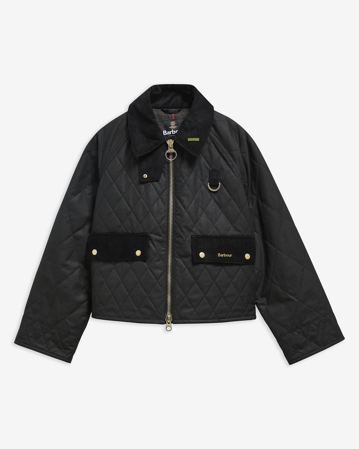 Black quilted wax jacket with gold zippers and buttons on a light gray background.