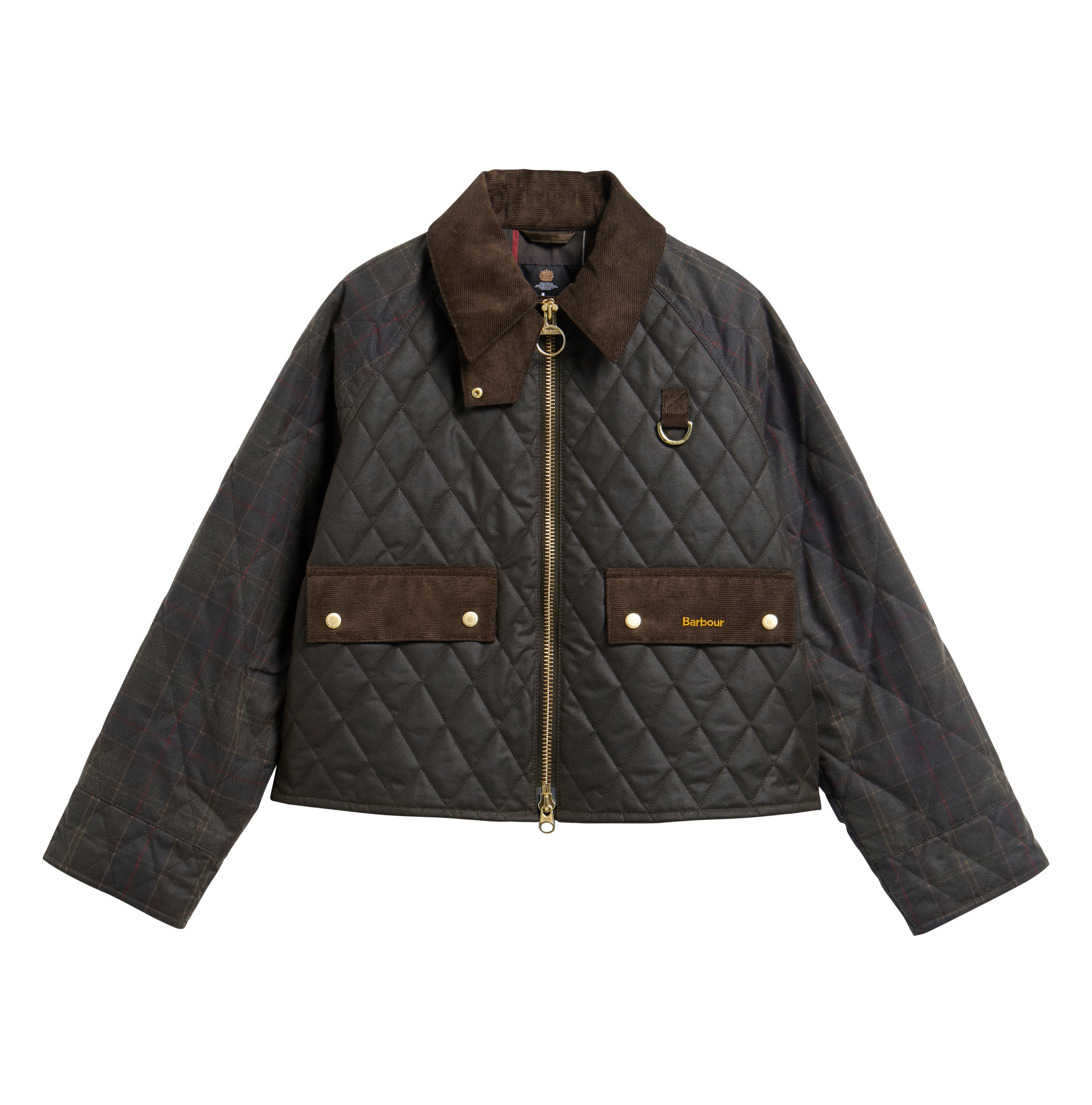 Quilted wax jacket with brown accents on a white background