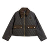 Quilted wax jacket with brown accents on a white background