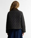 A model shown from the back wearing a dark olive diamond-quilted jacket with a dark brown collar, paired with a navy blue skirt, against a plain white studio background.