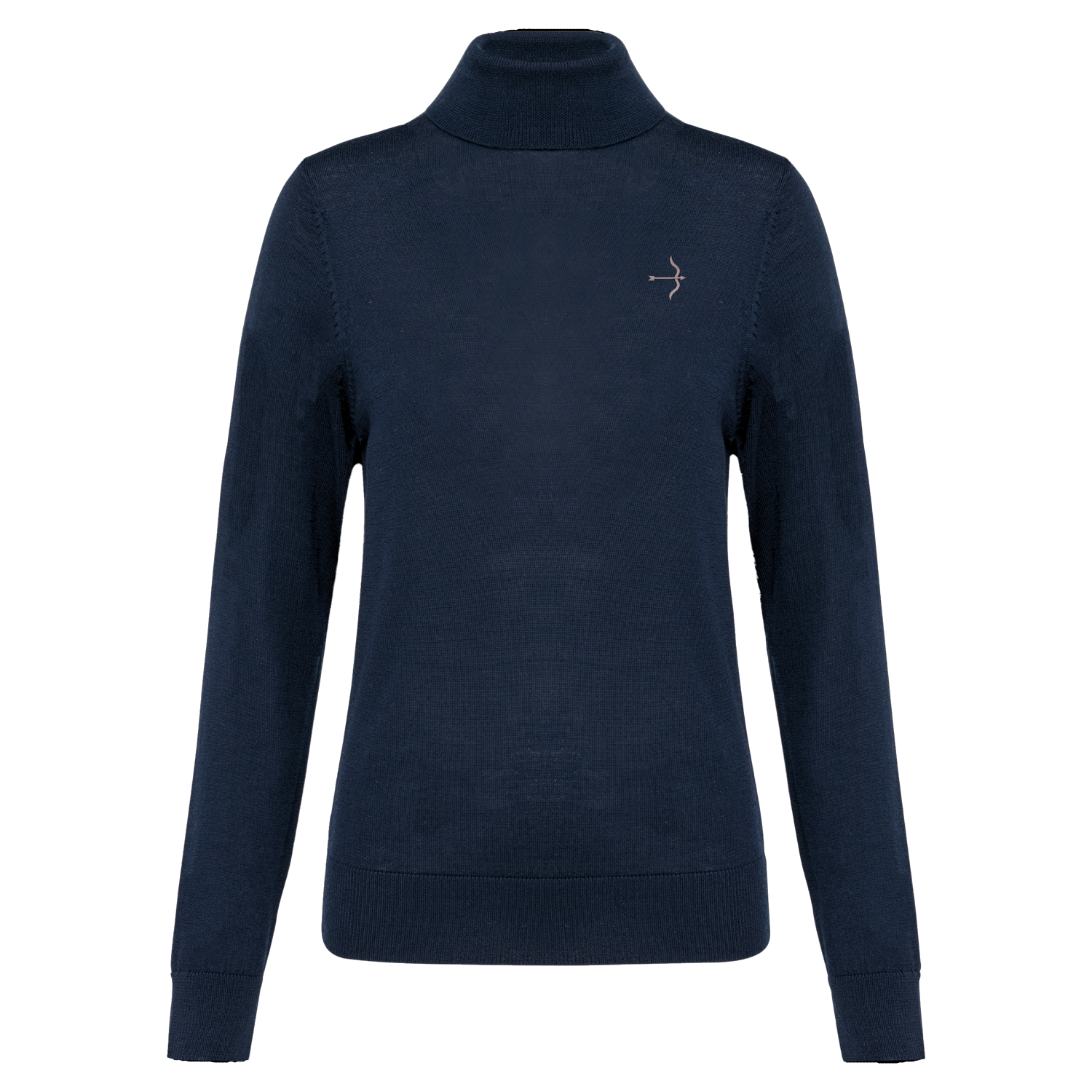 A dark navy blue long-sleeve mock neck sweater with a small white bow and arrow logo on the left chest, displayed on a clean white background.