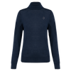 A dark navy blue long-sleeve mock neck sweater with a small white bow and arrow logo on the left chest, displayed on a clean white background.
