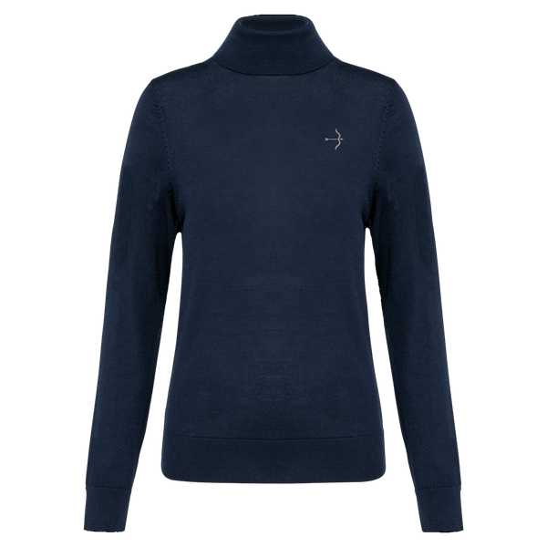 A dark navy blue long-sleeve mock neck sweater with a small white bow and arrow logo on the left chest, displayed on a clean white background.