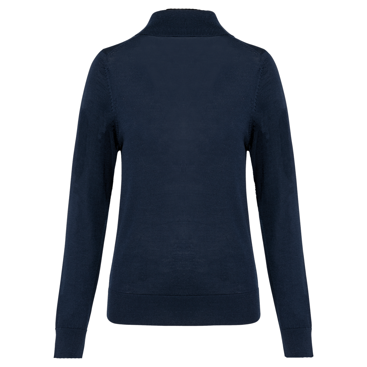 A dark navy blue knit sweater with a mock neck, long sleeves, and ribbed cuffs and hem, shown from the back on a plain white background.