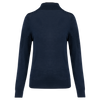 A dark navy blue knit sweater with a mock neck, long sleeves, and ribbed cuffs and hem, shown from the back on a plain white background.