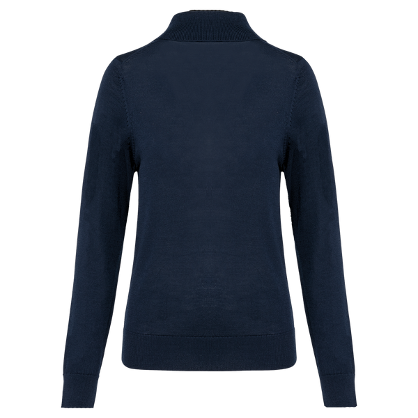 A dark navy blue knit sweater with a mock neck, long sleeves, and ribbed cuffs and hem, shown from the back on a plain white background.