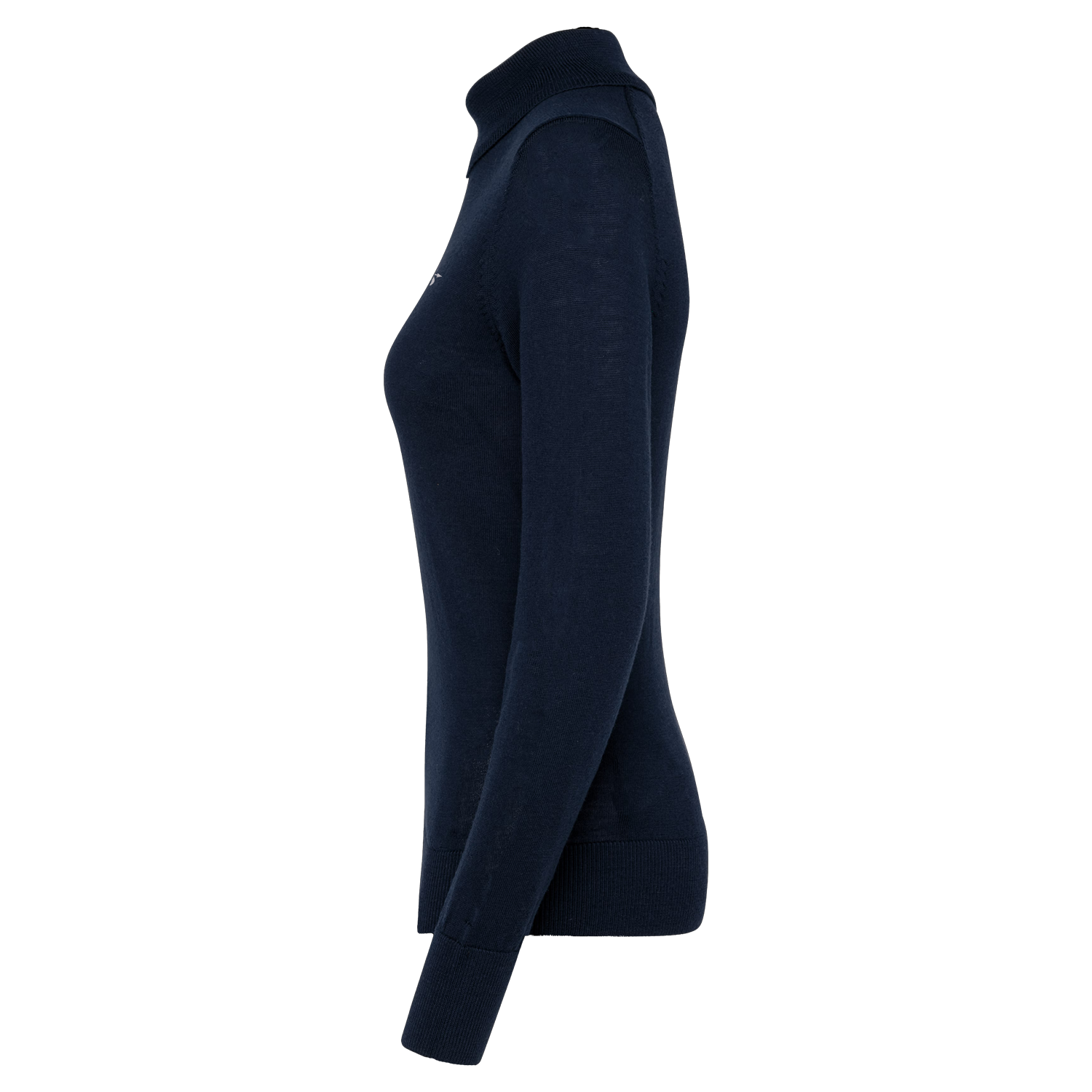 A dark navy blue long-sleeve turtleneck sweater shown from a side profile view against a plain white background.