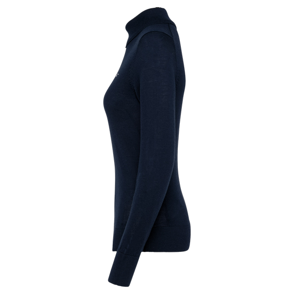 A dark navy blue long-sleeve turtleneck sweater shown from a side profile view against a plain white background.