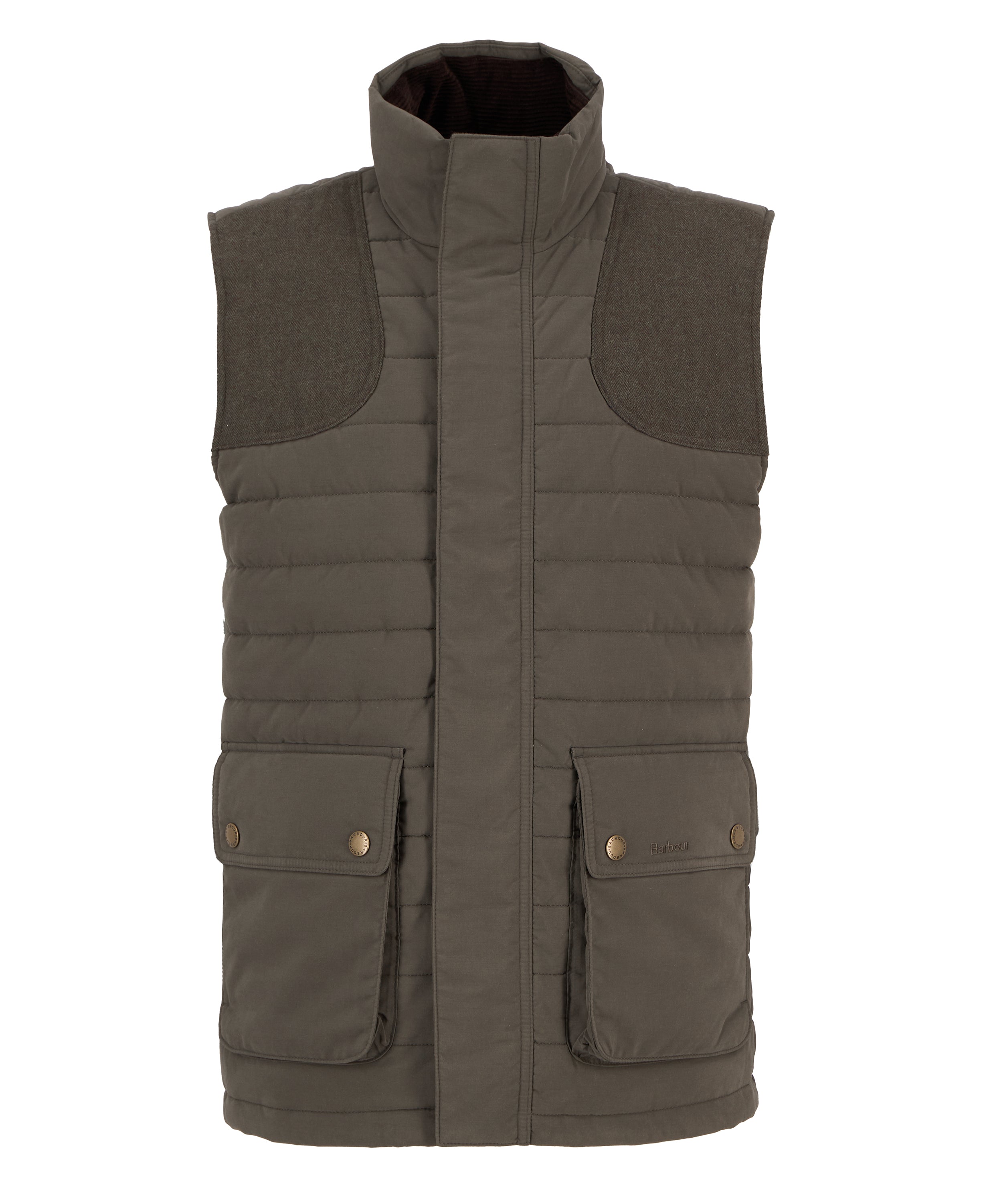 Brown quilted vest with two front pockets on a white background