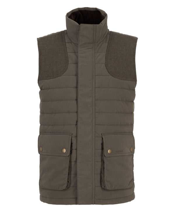 Brown quilted vest with two front pockets on a white background