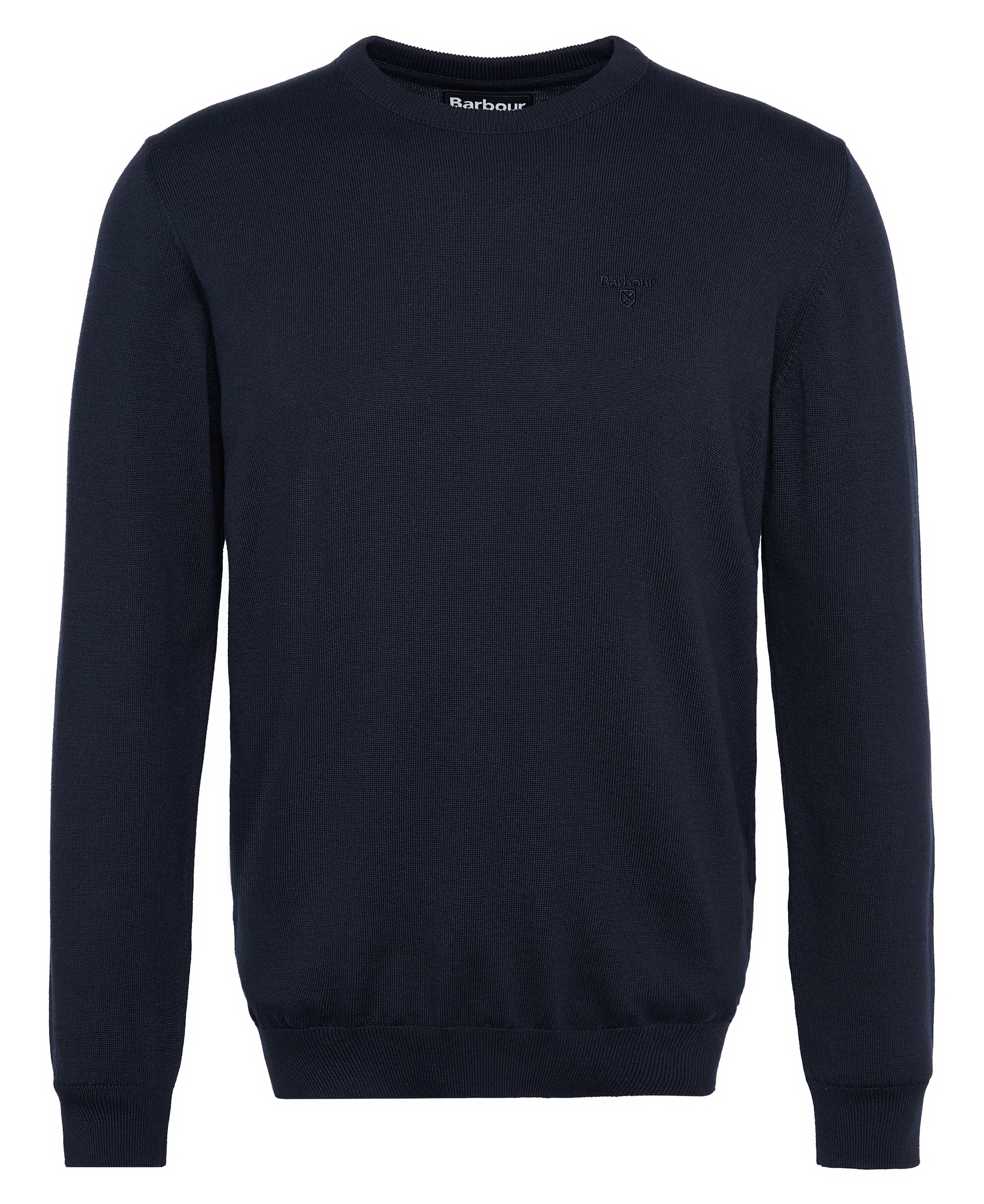 Navy sweater with a brand logo on a white background