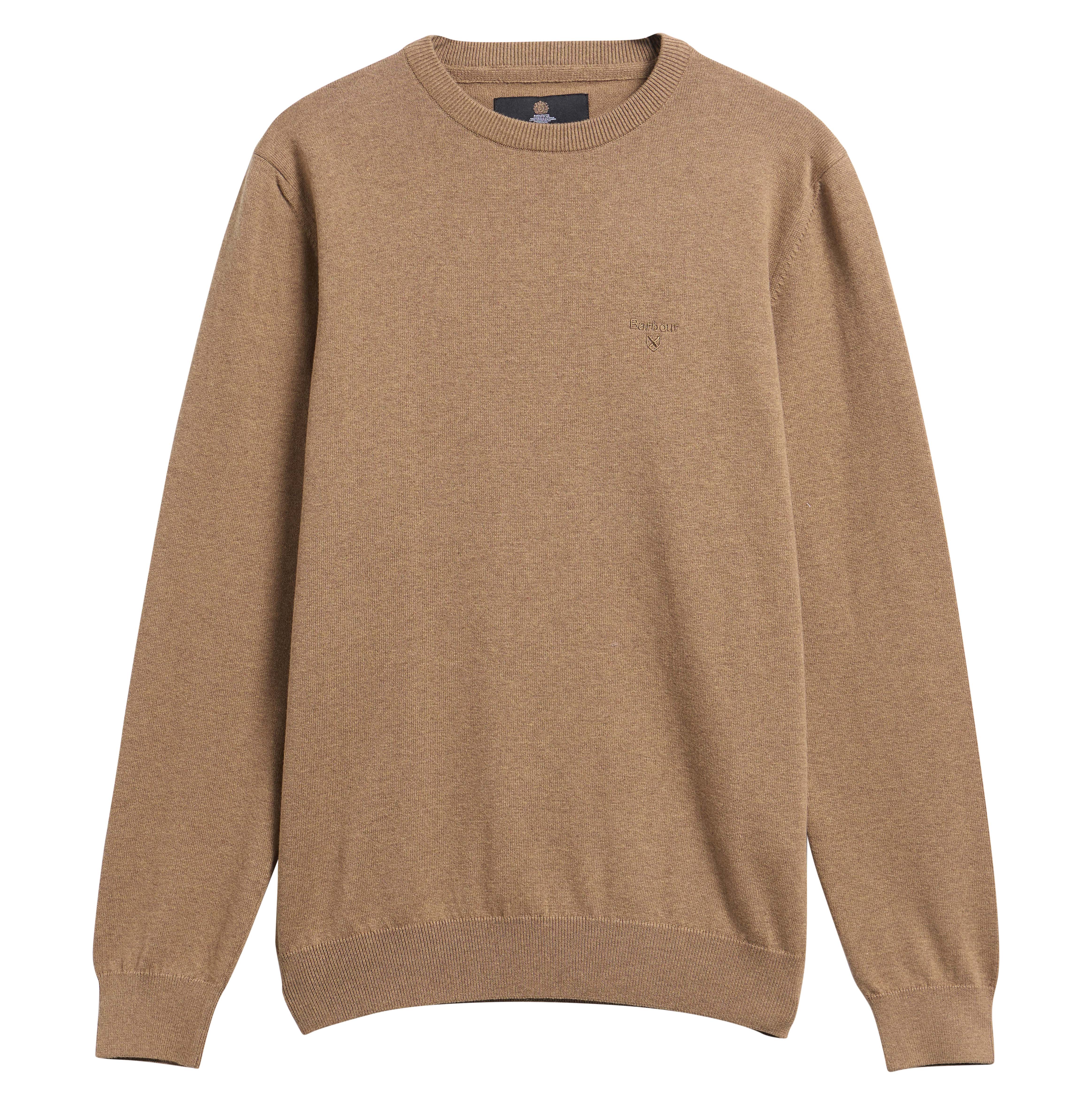 A classic crewneck knit sweater in a warm camel brown color, featuring a small embroidered logo on the left chest and a ribbed collar, cuffs, and hem, shown against a plain white background.
