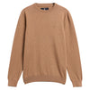 A classic crewneck knit sweater in a warm camel brown color, featuring a small embroidered logo on the left chest and a ribbed collar, cuffs, and hem, shown against a plain white background.
