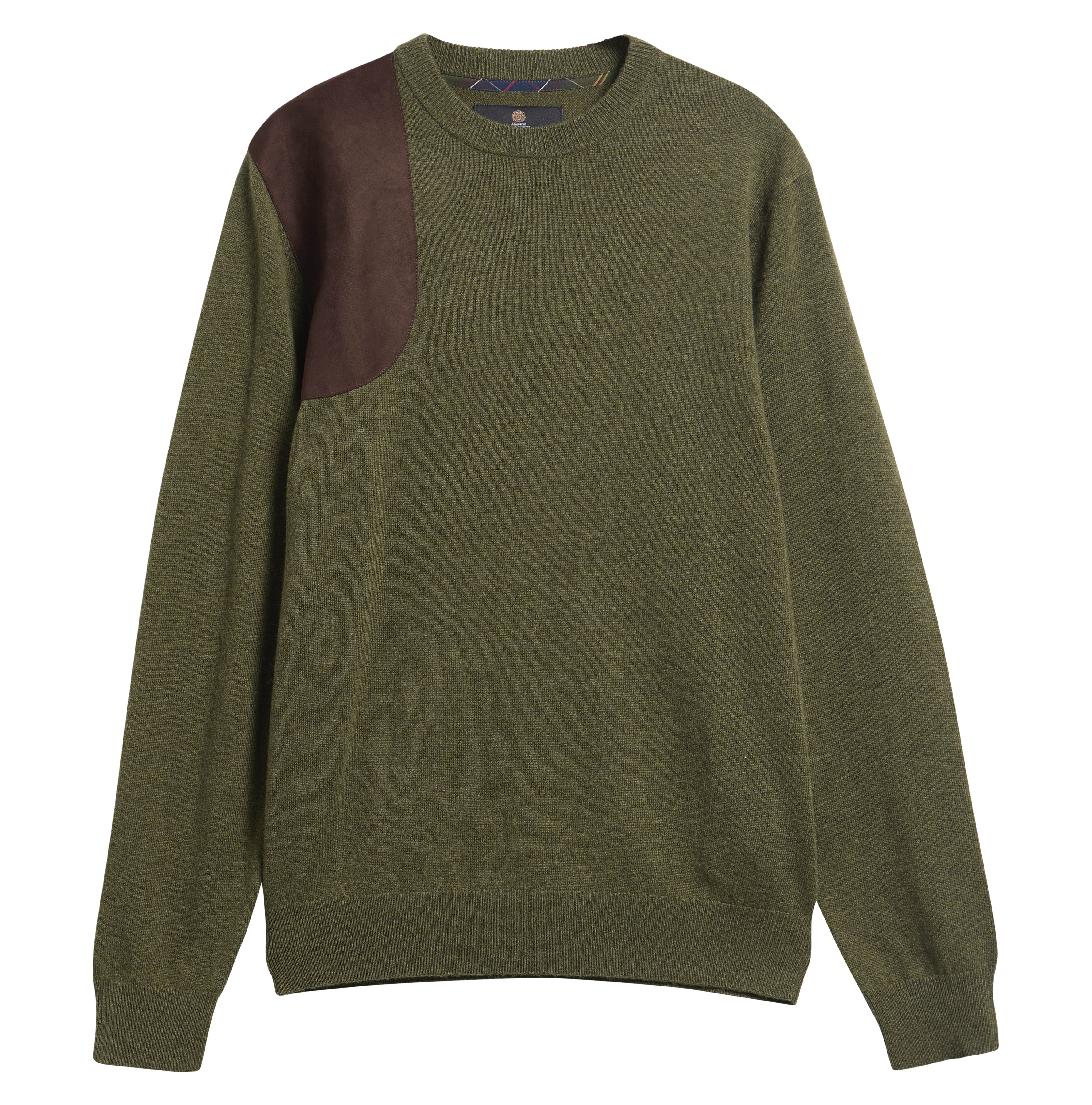 An olive green crewneck sweater with a contrasting dark brown suede patch on the right shoulder, displayed against a solid white background.