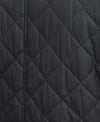 Close-up of a black quilted jacket fabric showing a diamond patterned stitching.