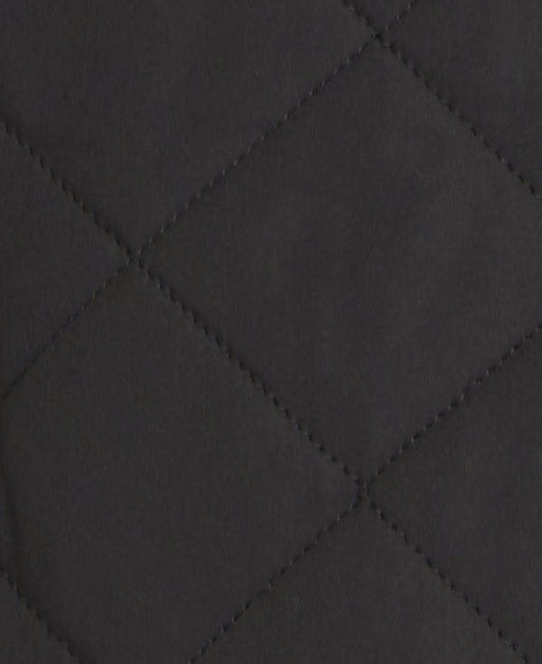 Close-up of a dark charcoal gray quilted fabric with stitched diamond patterns.