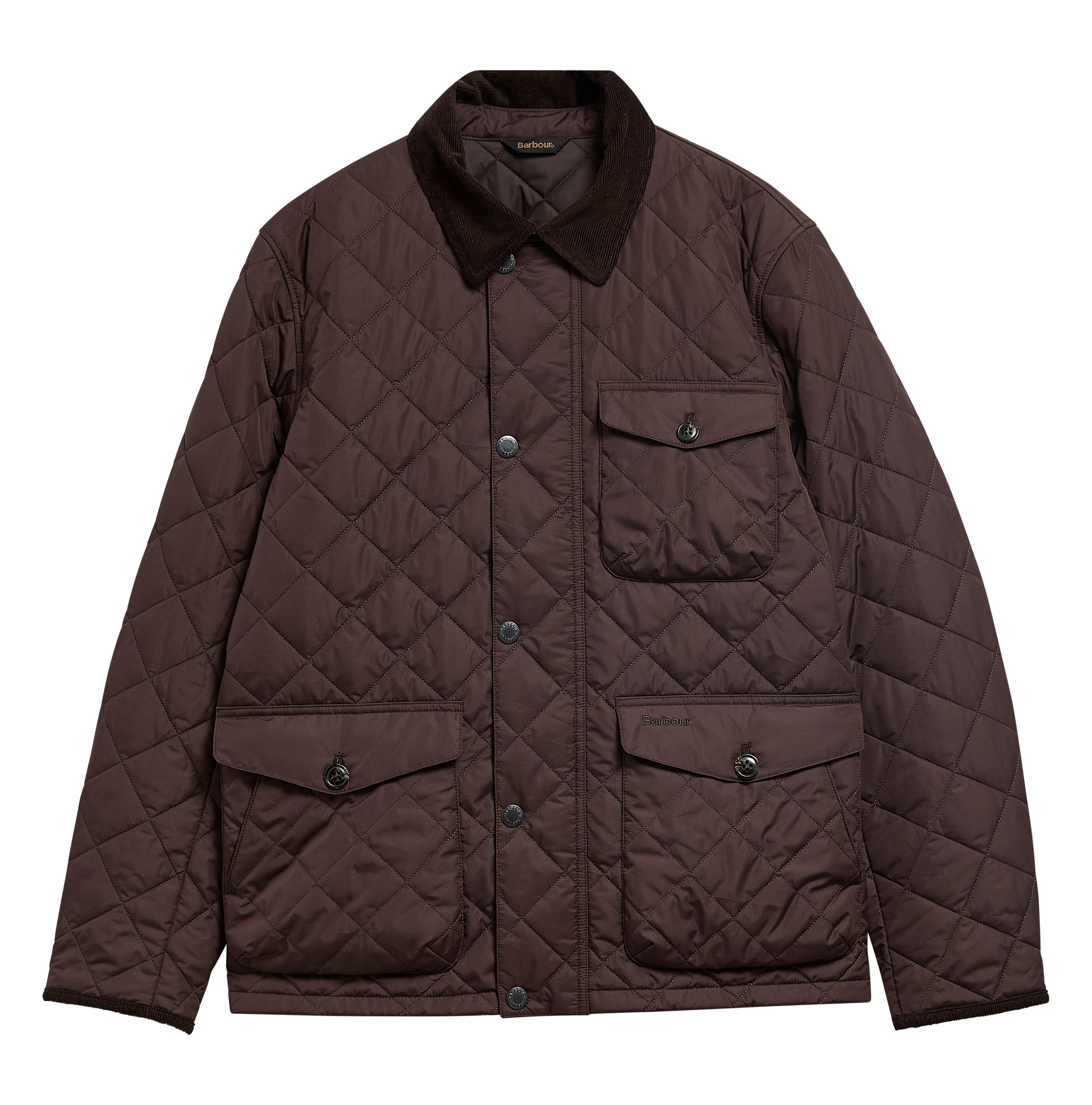 A dark brown diamond-quilted jacket with a corduroy collar, button front, and flap pockets, shown on a plain white background.