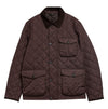 A dark brown diamond-quilted jacket with a corduroy collar, button front, and flap pockets, shown on a plain white background.