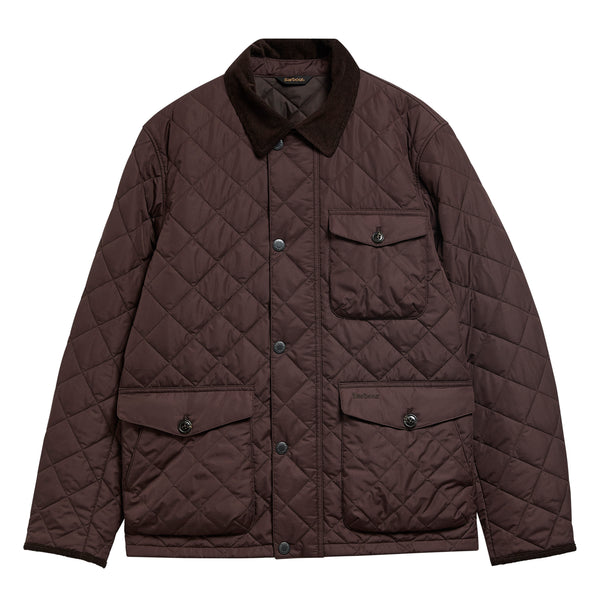 A dark brown diamond-quilted jacket with a corduroy collar, button front, and flap pockets, shown on a plain white background.