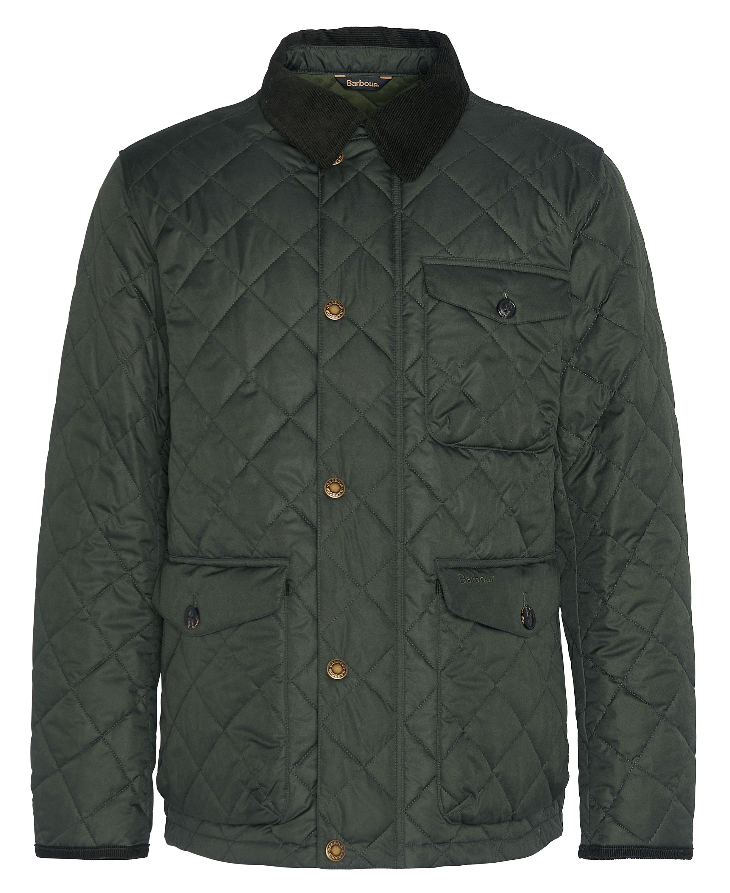 A dark green diamond-quilted jacket with a black corduroy collar and brown buttons, shown against a plain white background.