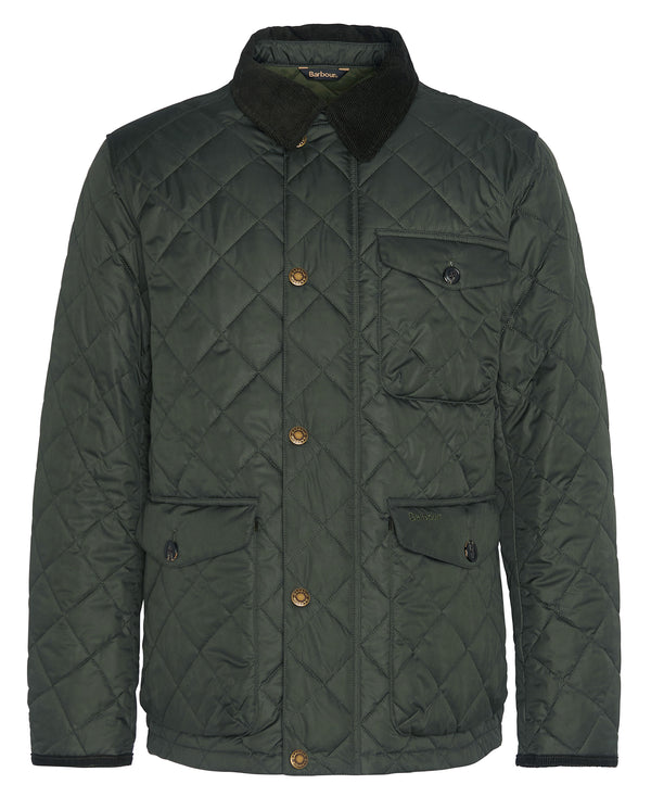 A dark green diamond-quilted jacket with a black corduroy collar and brown buttons, shown against a plain white background.