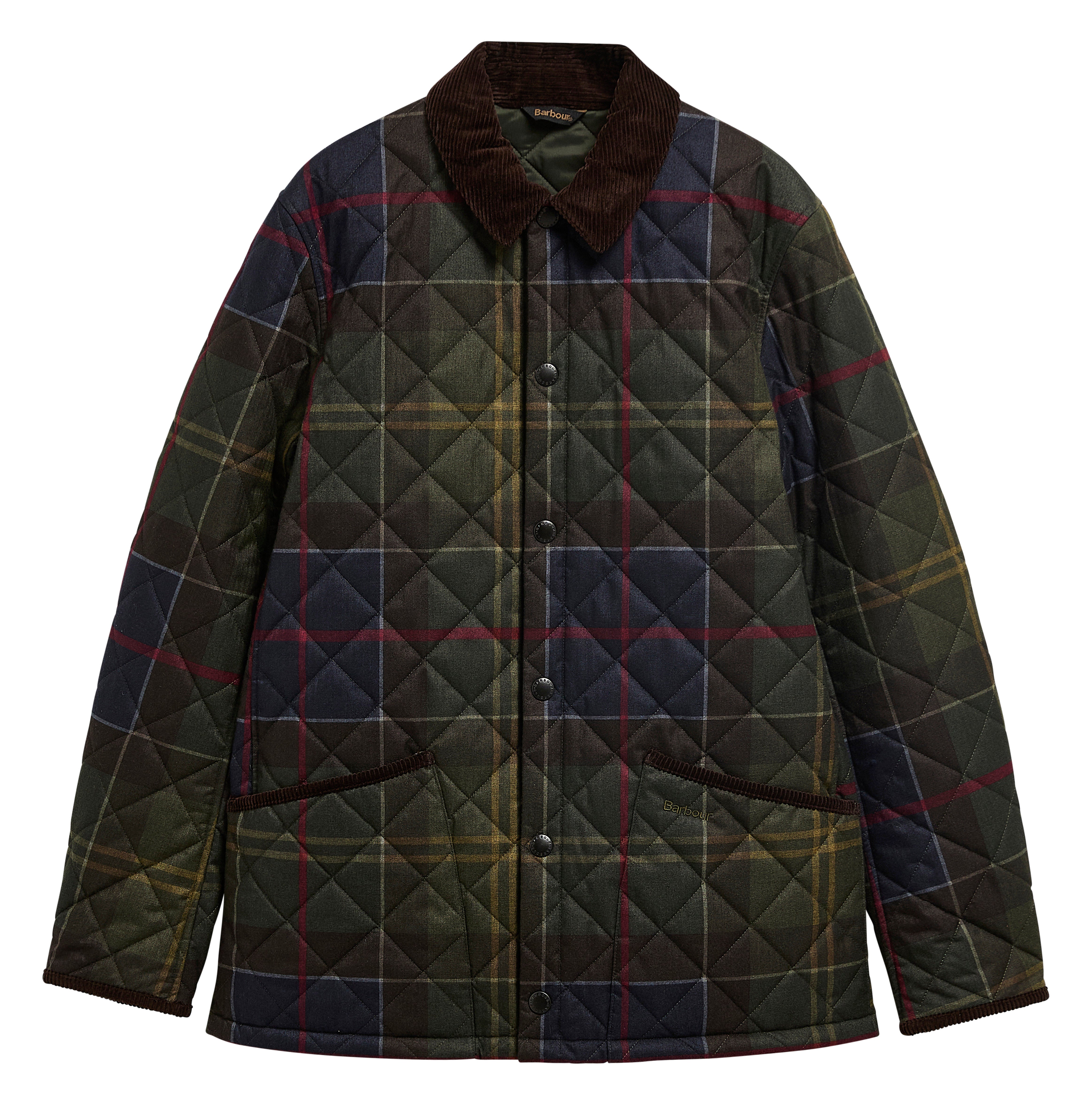 A quilted plaid jacket with a dark brown corduroy collar, featuring a diamond-quilted pattern in green, navy, and yellow with red accent lines, shown against a plain white background.