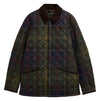 A quilted plaid jacket with a dark brown corduroy collar, featuring a diamond-quilted pattern in green, navy, and yellow with red accent lines, shown against a plain white background.