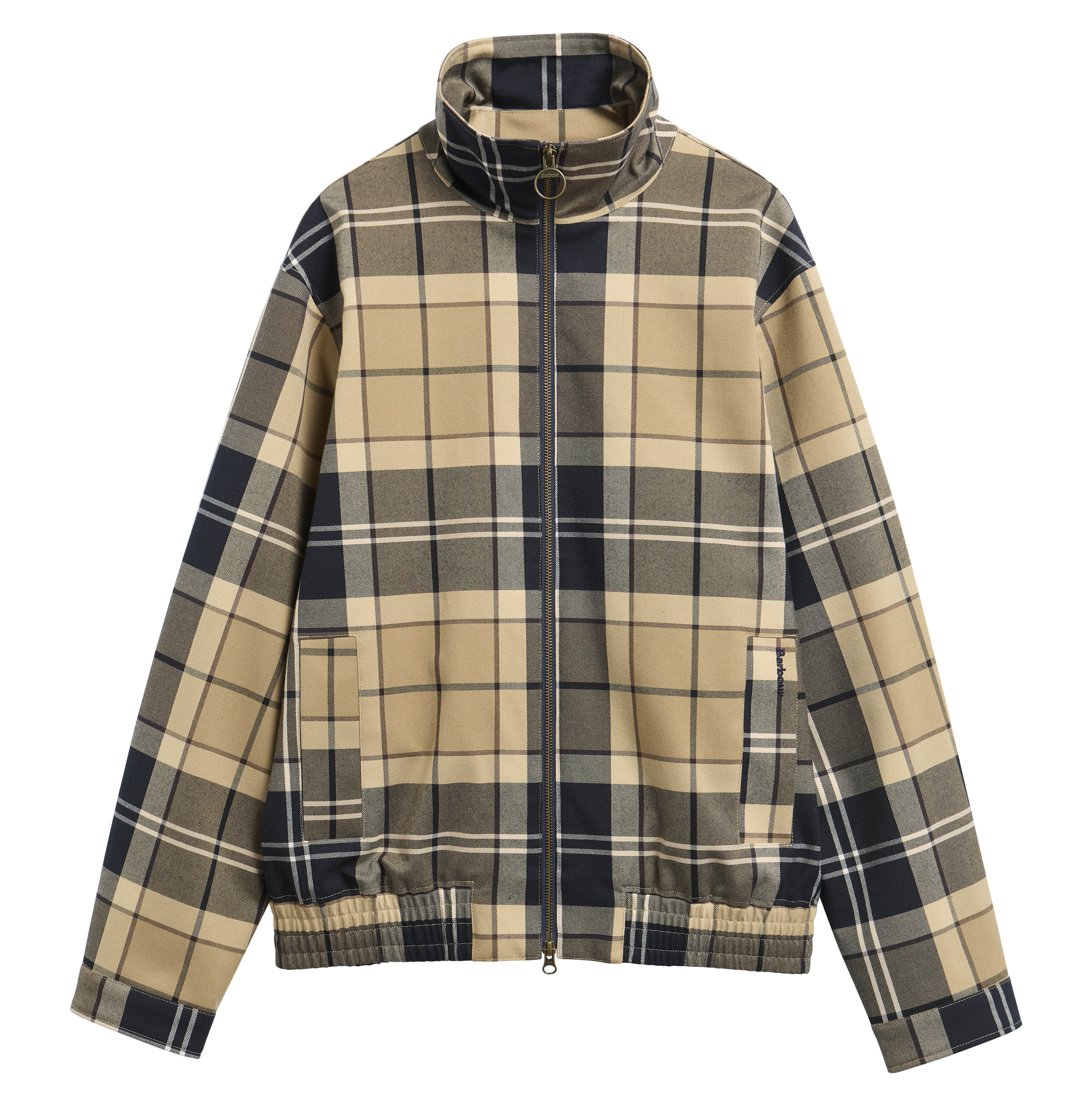 Barbour Tartan Showerproof Blouson Jacket in beige, black, and white tartan pattern, flat lay on white background.